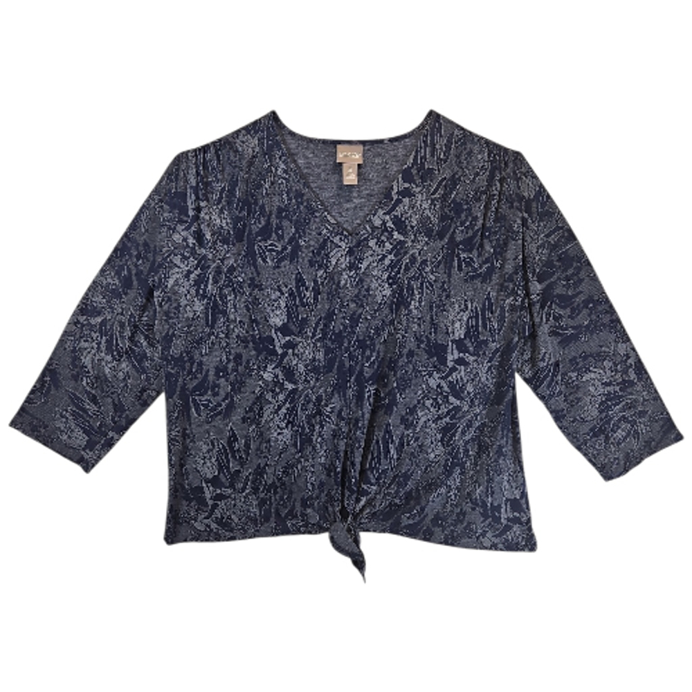 Chico’s Size 3 (XL) Knit V Neck Top Dolman 3/4 Sleeve Blue Gray Print Tie Front